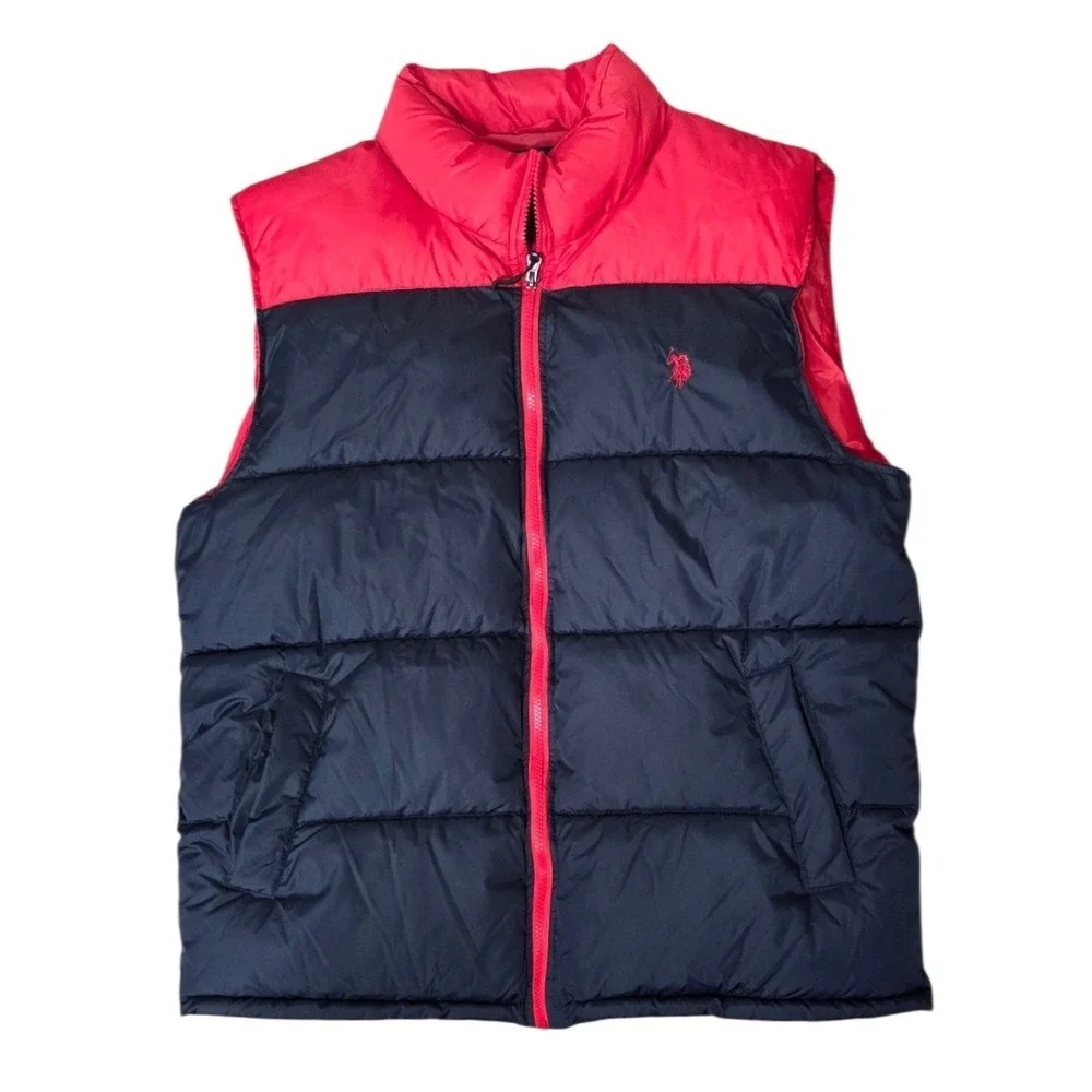 US Polo Assn Men's Size Large Quilted Puffer Vest Full Zip‎ Navy Red Color Block